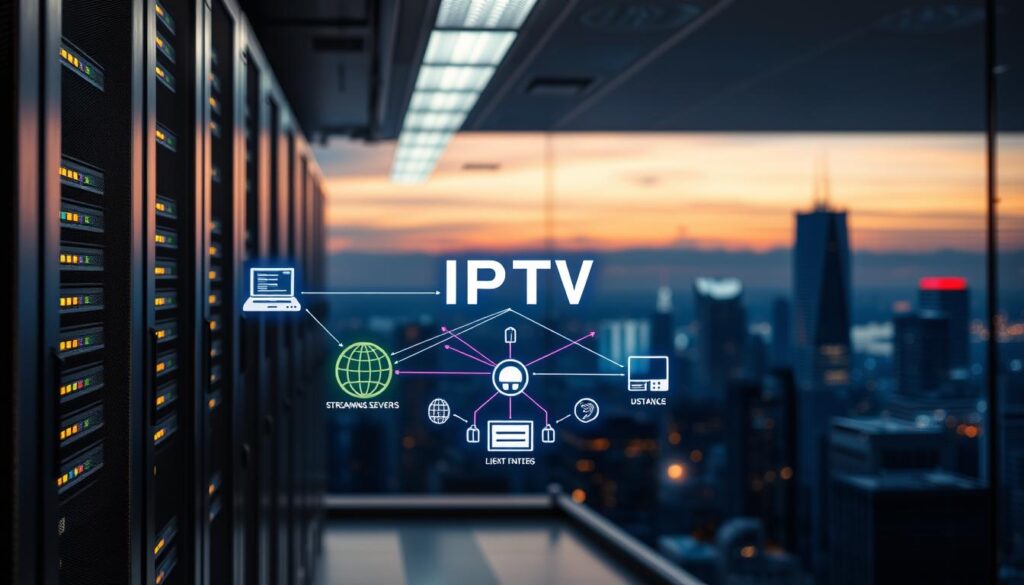 A modern data center with a glowing server rack, illuminated by soft ambient lighting. In the foreground, a network diagram depicting the IPTV technology, with colorful lines and icons representing the various components - streaming servers, content delivery networks, client devices, and user connections. In the background, a city skyline at night, conveying the global reach and connectivity of this digital entertainment system. The scene has a sleek, high-tech aesthetic, reflecting the sophisticated and reliable nature of the IPTV infrastructure.